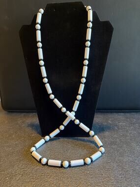 Vintage Crown Trifari White Lucite Black Glass Beaded Opera Necklace 34in Signed